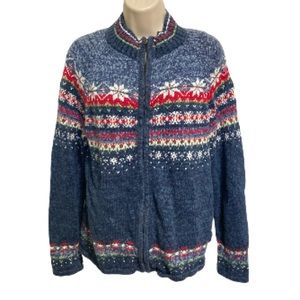NORDIC SWEATER Fair Isle Cardigan Sweater Zip Up Snowflake Womens Medium